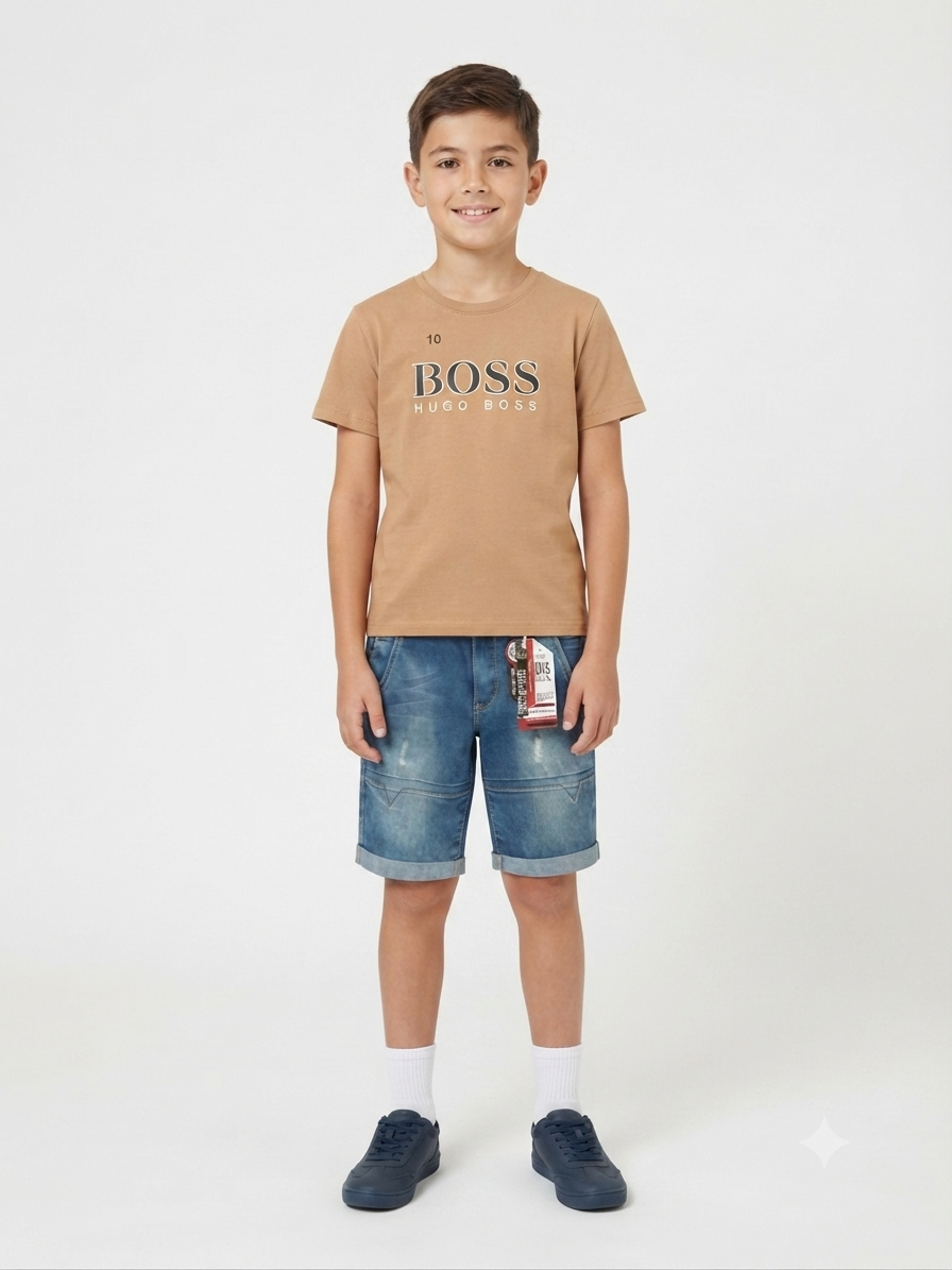 Set niño playera + bermuda de mezclilla – Color camel