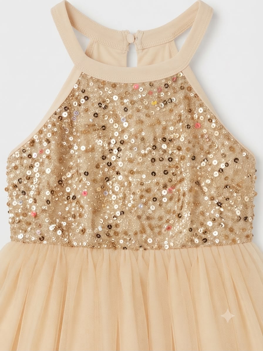 Vestido niña de tul beige con lentejuelas doradas