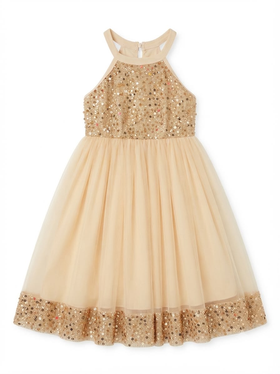 Vestido niña de tul beige con lentejuelas doradas