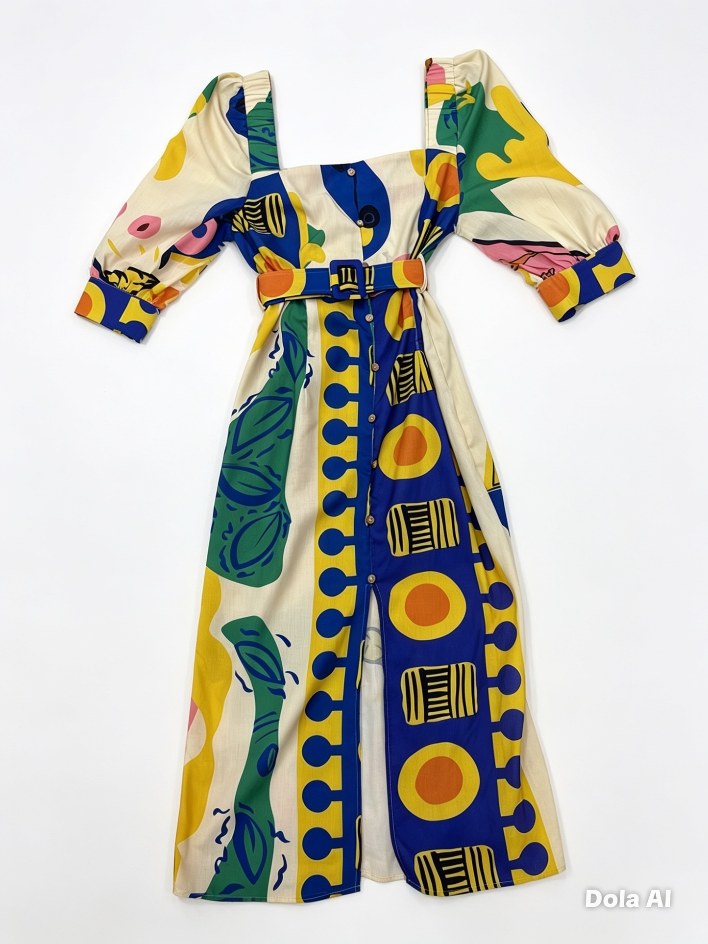 Vestido Dama Largo Estampado Multicolor con Cinturón