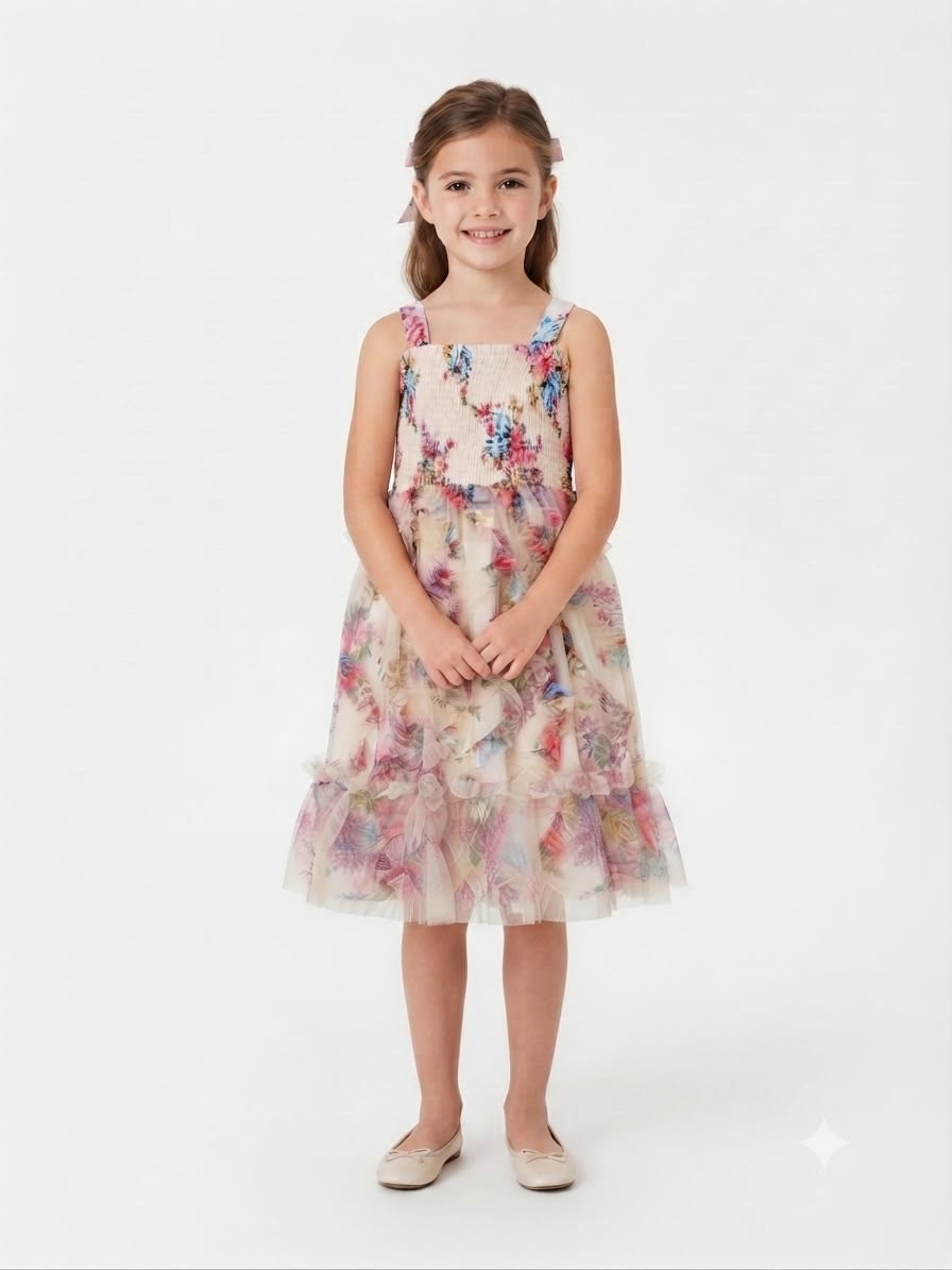 Vestido niña floral de tul con Olanes