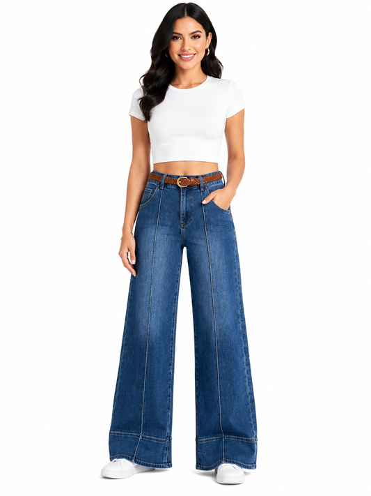 Pantalón dama mezclilla palazzo wide leg tiro alto con cinturón