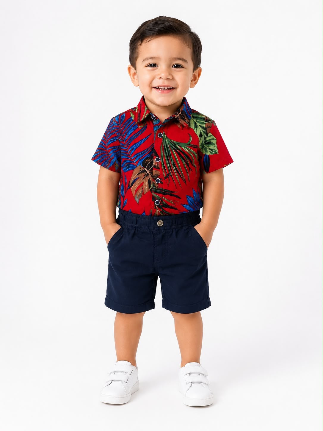 Set niño camisa tropical roja con short azul marino