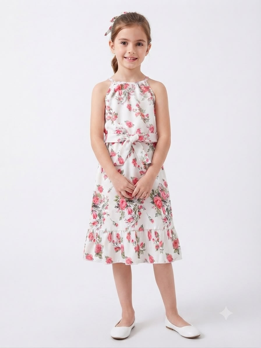 Vestido niña blanco con estampado de rosas