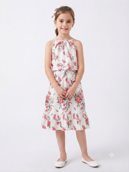 Vestido niña blanco con estampado de rosas