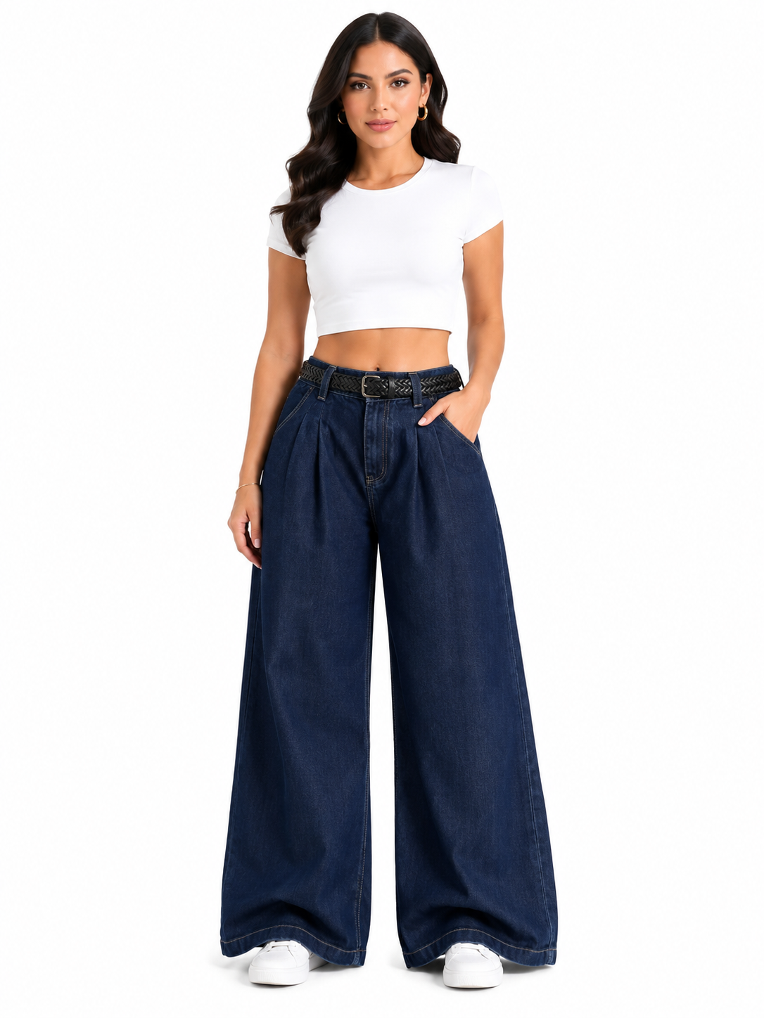 Pantalón dama mezclilla palazzo tiro alto con cinturón