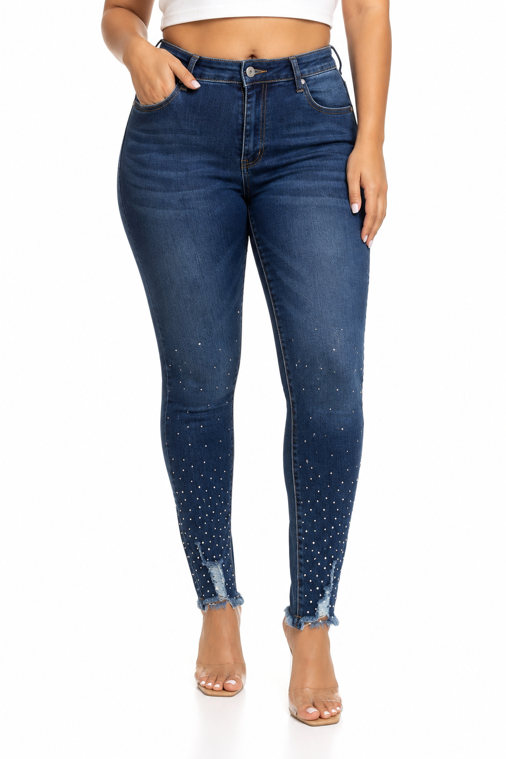 Pantalón dama mezclilla skinny con pedrería