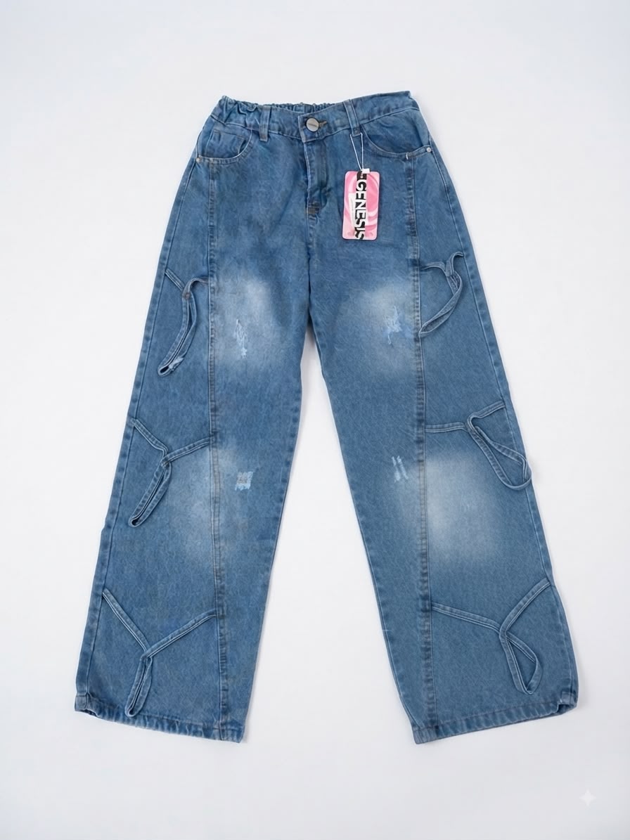 Pantalón Niña  de Mezclilla Estilo Cargo con Cintas y Lavado Vintage