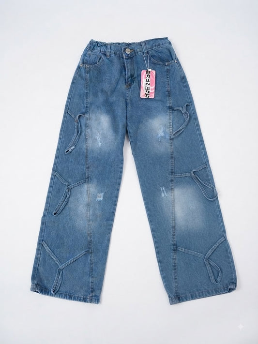 Pantalón Niña  de Mezclilla Estilo Cargo con Cintas y Lavado Vintage