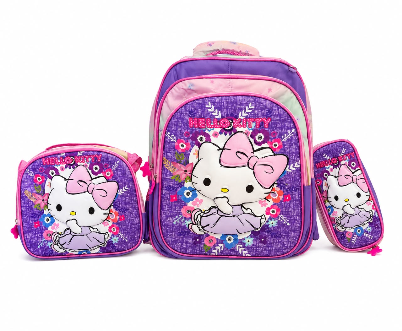 Set mochila infantil escolar Gatita Floral Lila 3 piezas