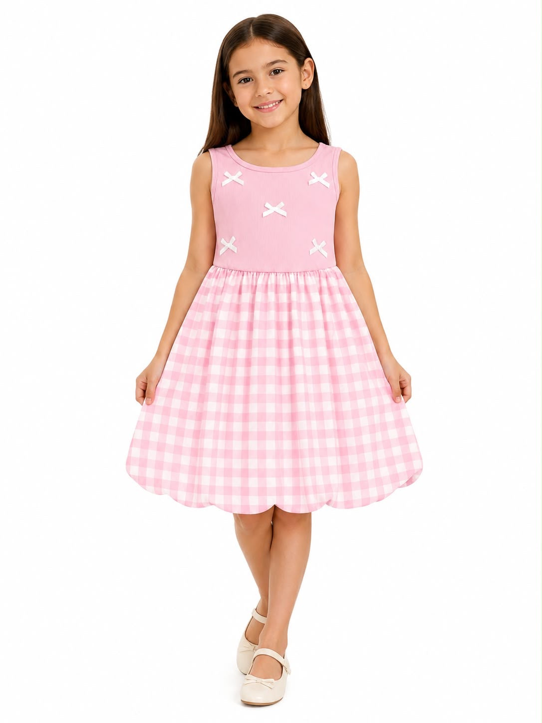 Vestido niña cuadros rosa con moños decorativos