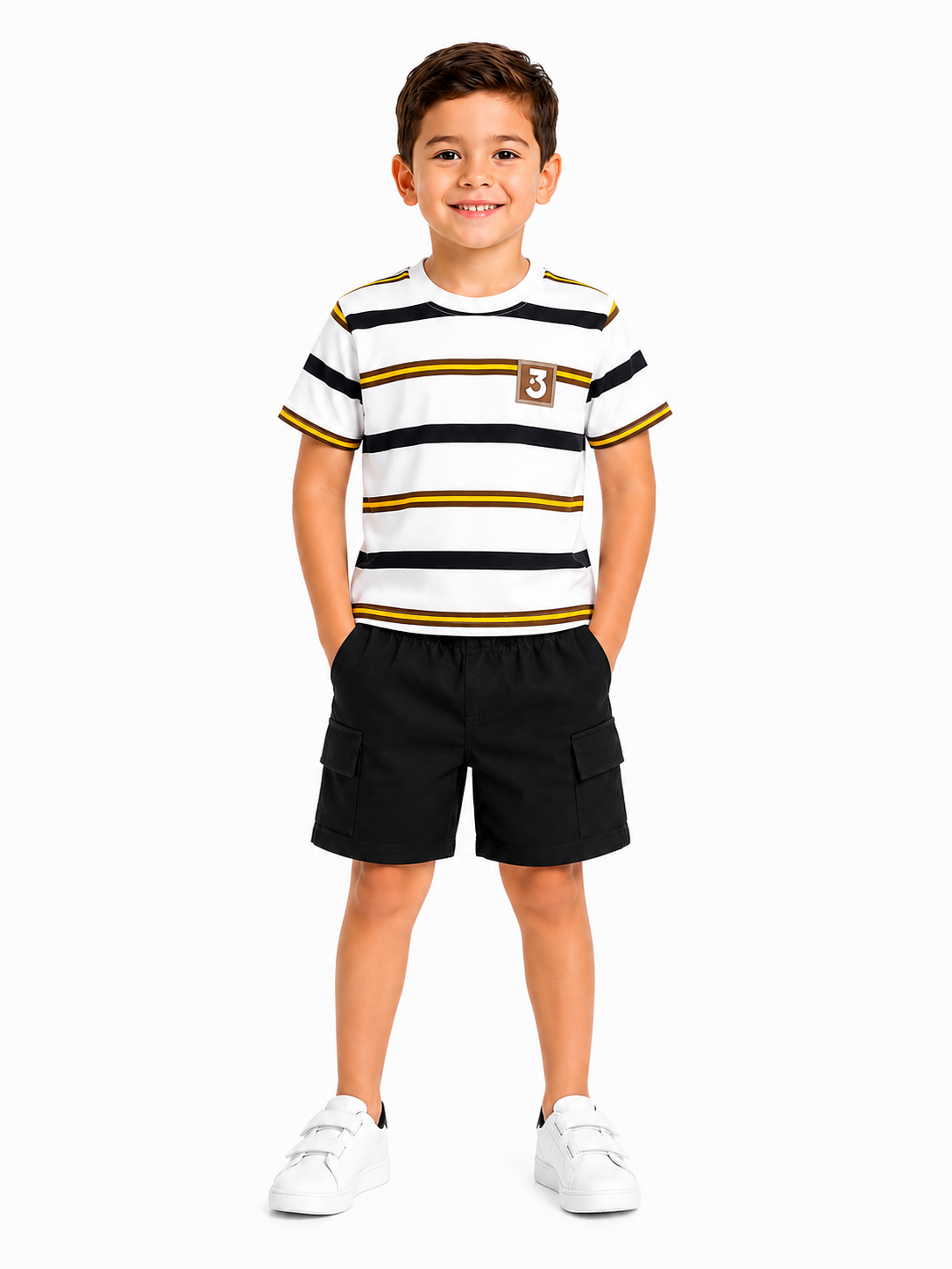 Set niño playera blanca con rayas negras y mostaza con short cargo negro estilo casual moderno