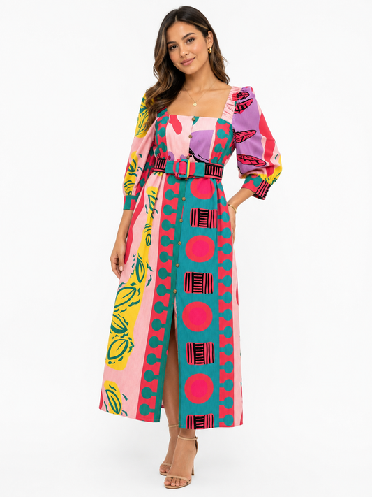 Vestido Dama OFERTA Largo Estampado Multicolor con Cinturón