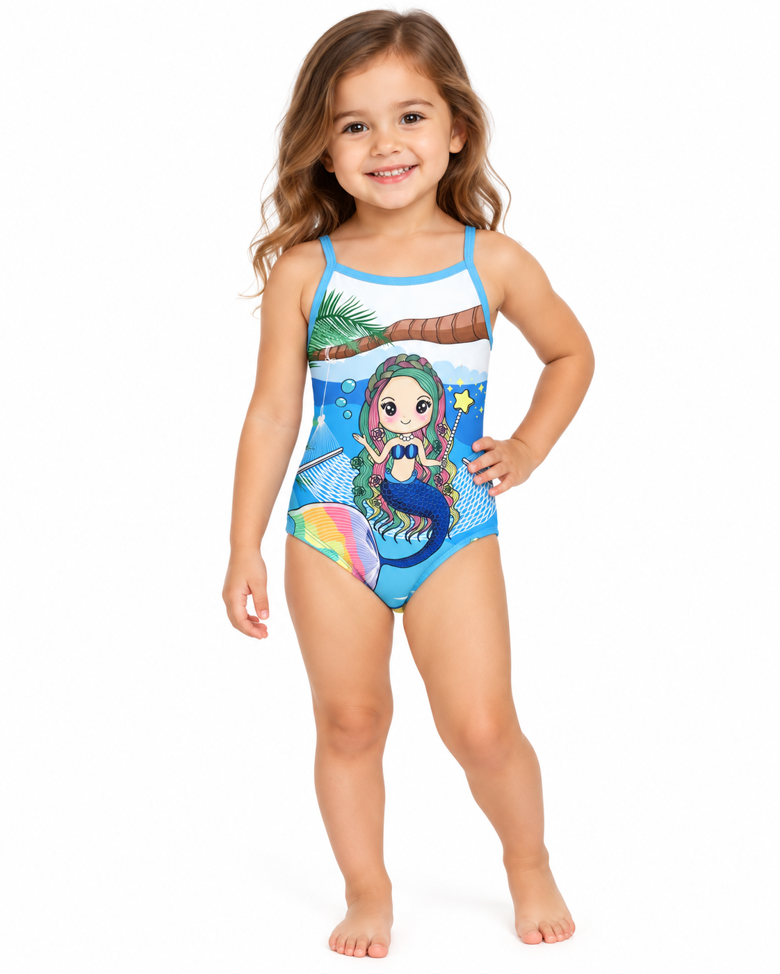 Traje de baño infantil con estampado de sirena y diseño tropical