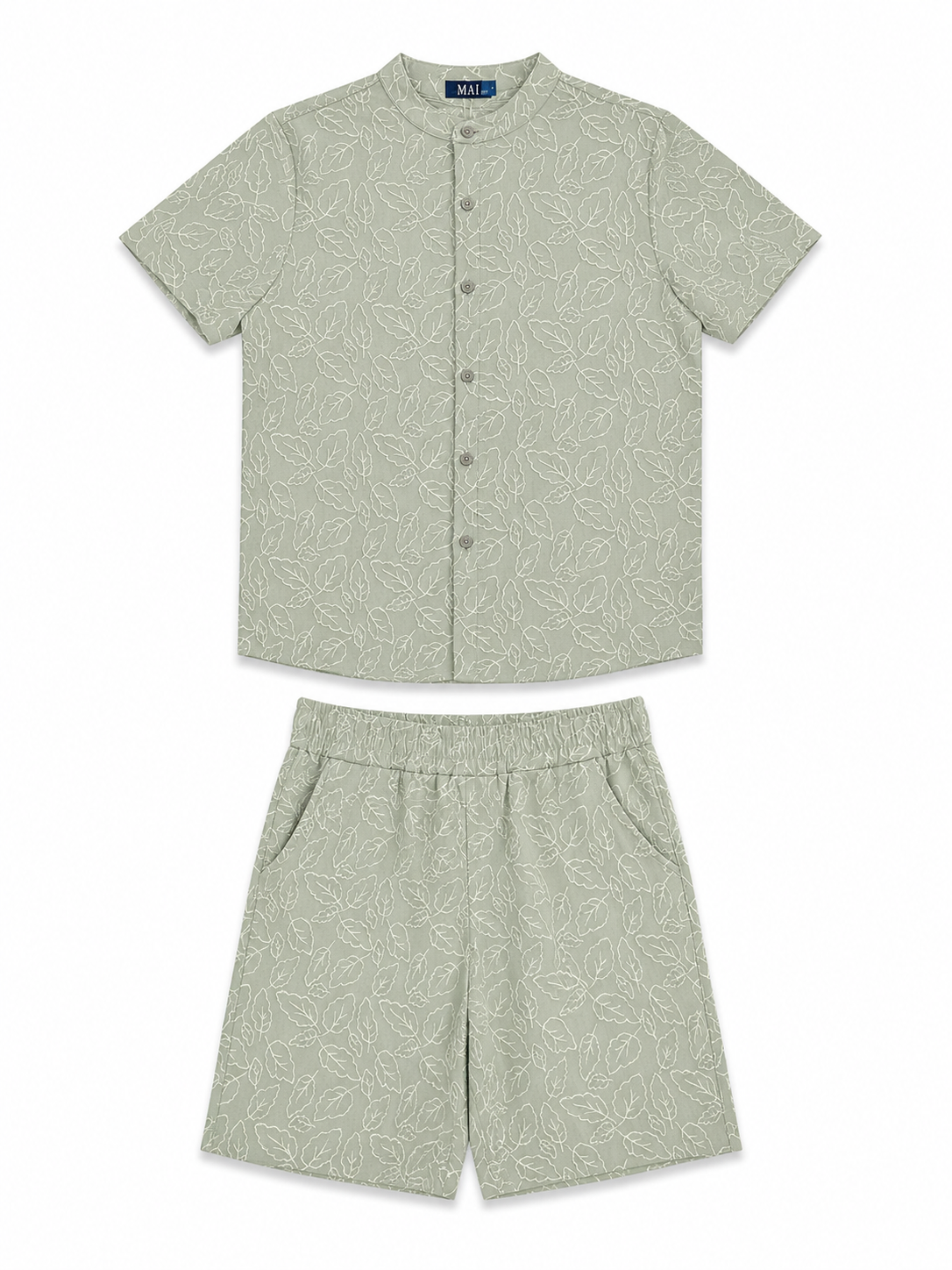 Set niño camisa y short verde olivo con estampado de hojas