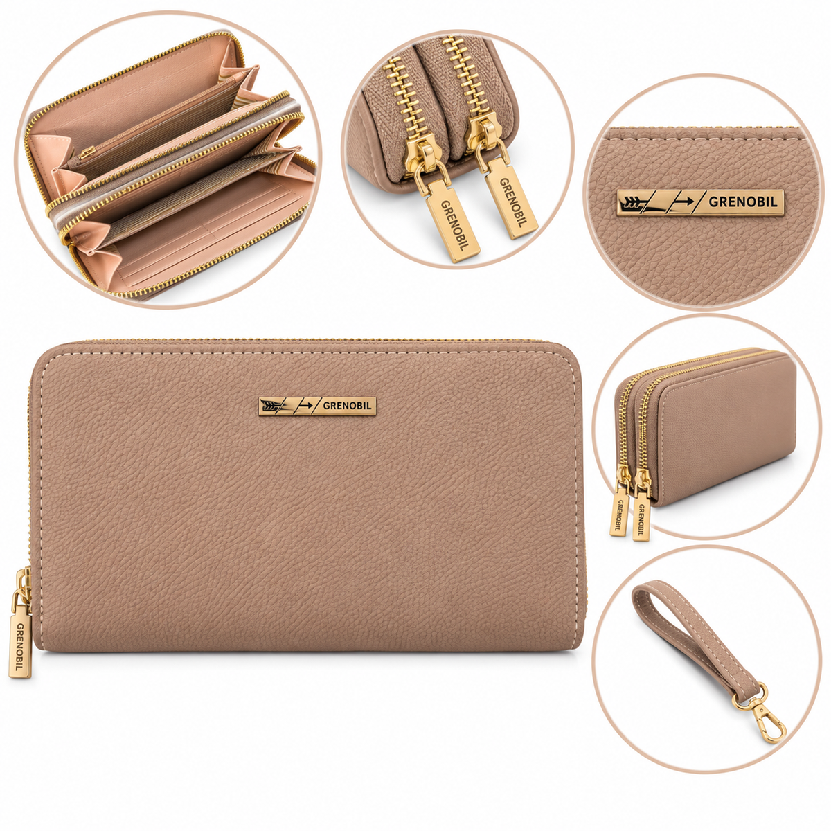 Cartera dama con doble cierre y múltiples compartimentos