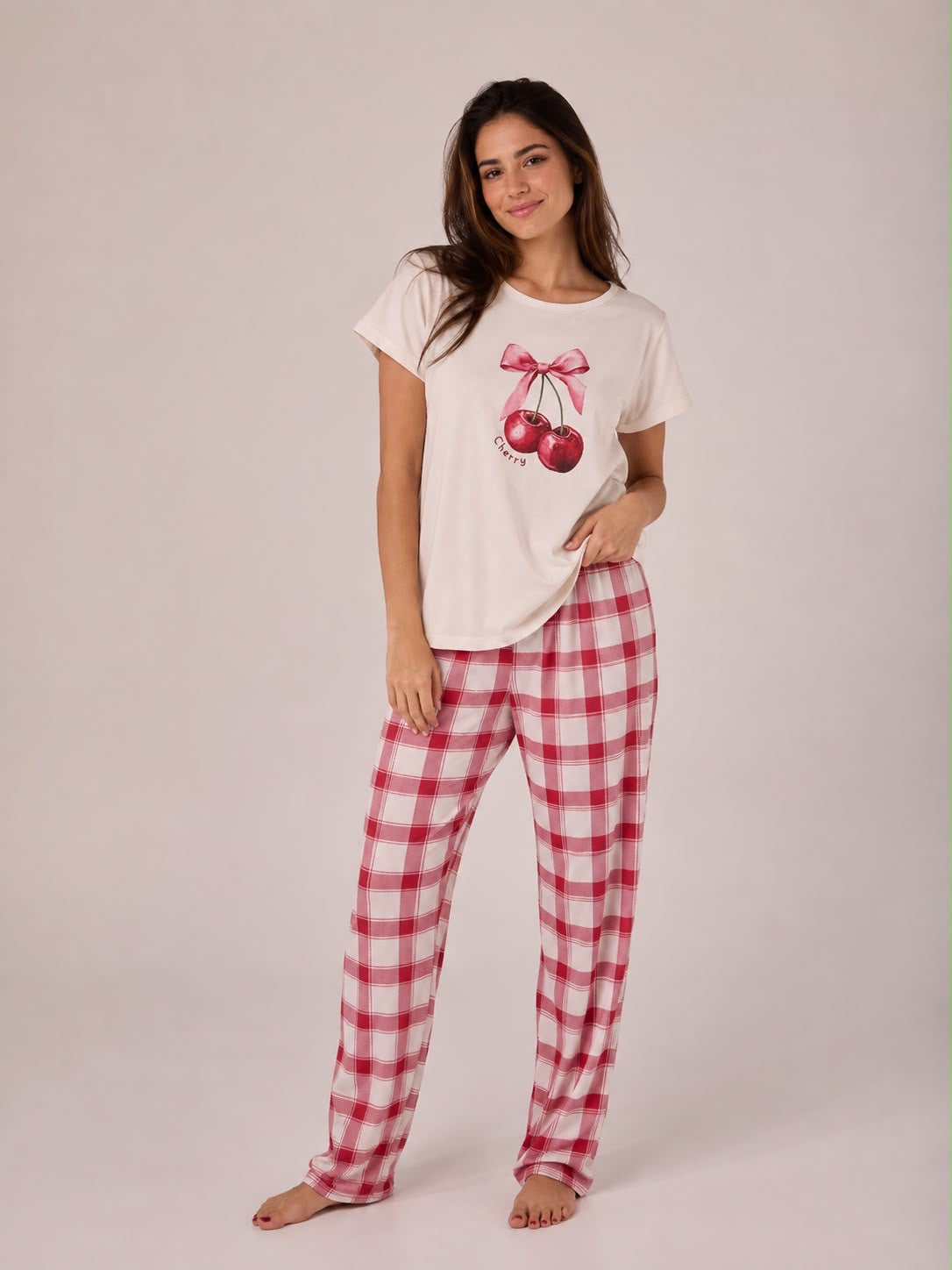 Pijama Dama Cherry Cuadros Rosa – Pantalón Largo