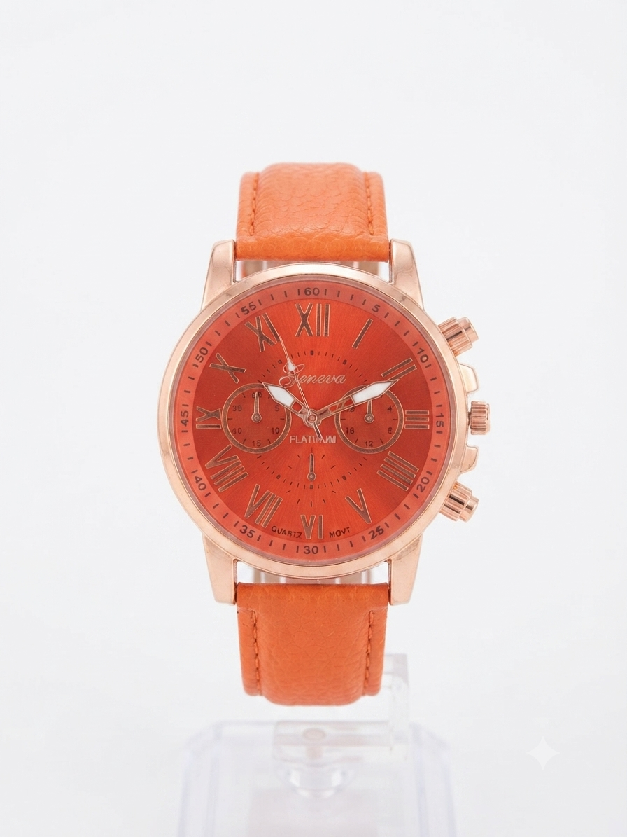 Reloj dama correa naranja bisel oro rosa carátula naranja