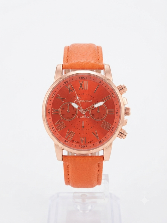 Reloj dama correa naranja bisel oro rosa carátula naranja