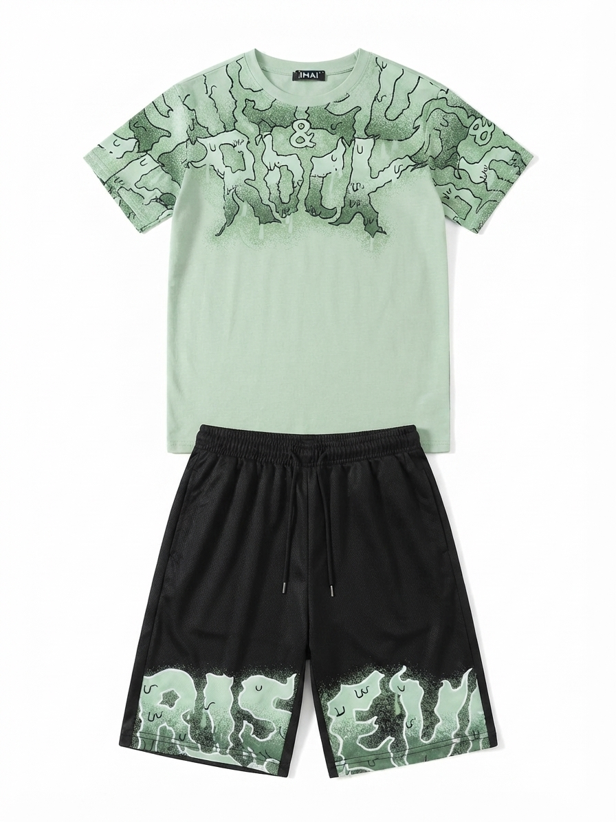 Set niño playera + short estampado urbano – Verde con negro