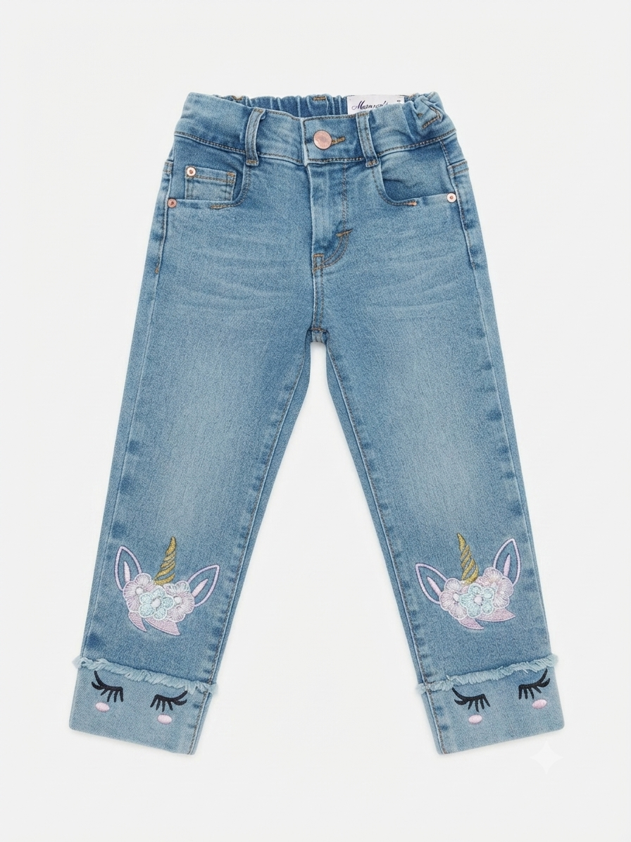 Pantalón niña de mezclilla con bordado de unicornio