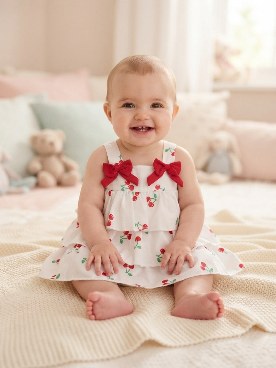 Vestido niña meses blanco con estampado de cerezas