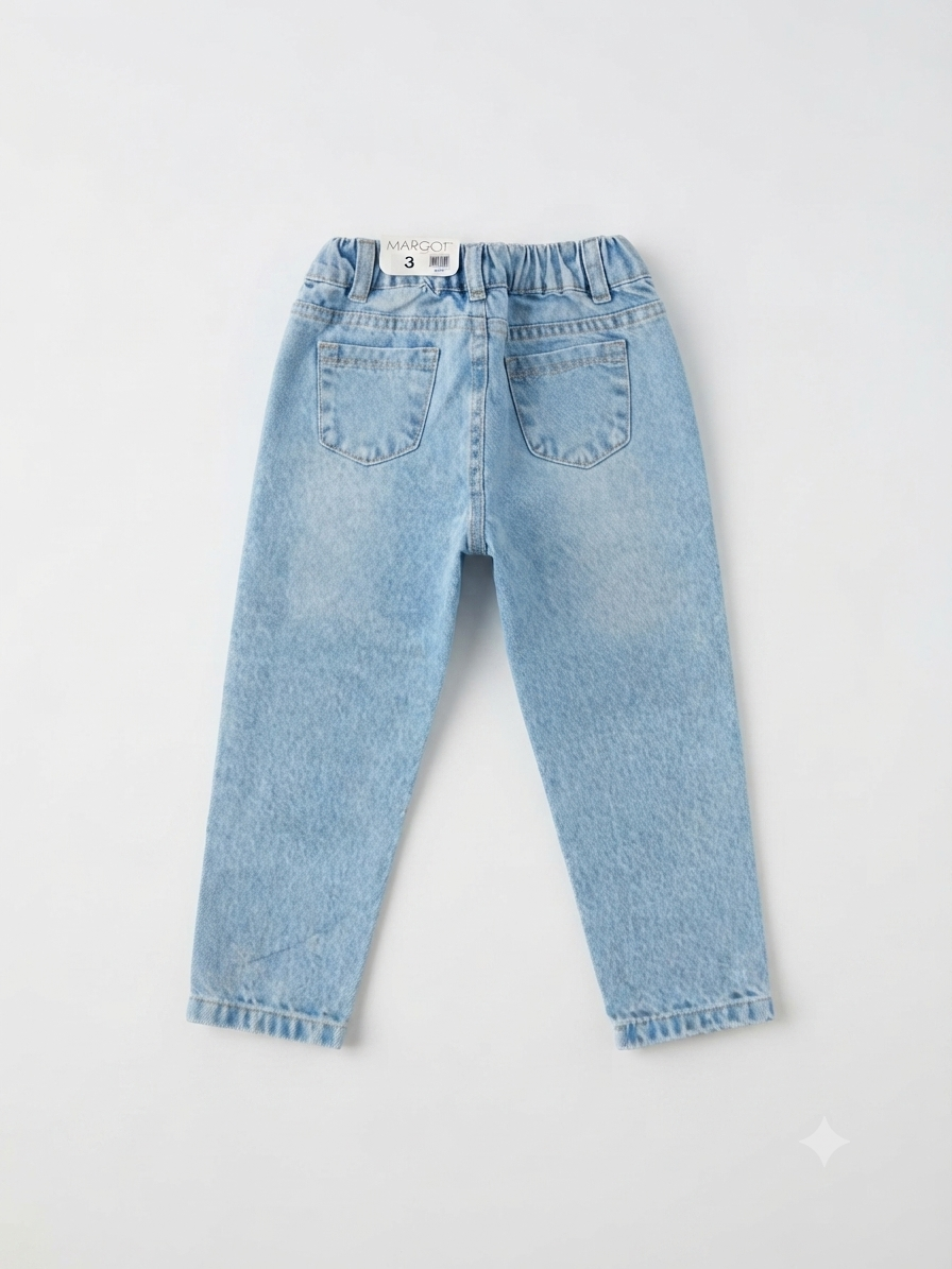 Pantalón niña de mezclilla con estampado de caritas felices