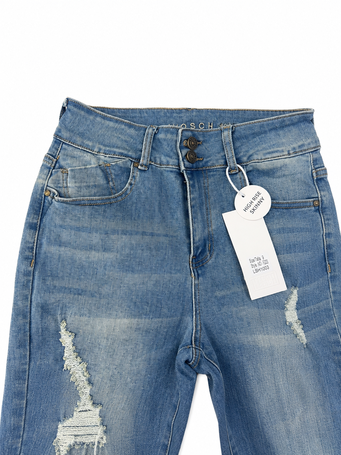 Pantalón dama mezclilla skinny con efecto deslavado y rasgados