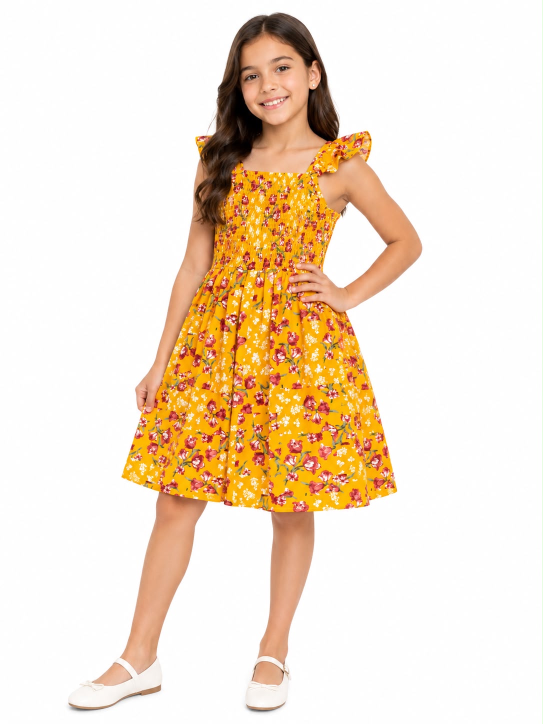 Vestido niña amarillo con estampado floral