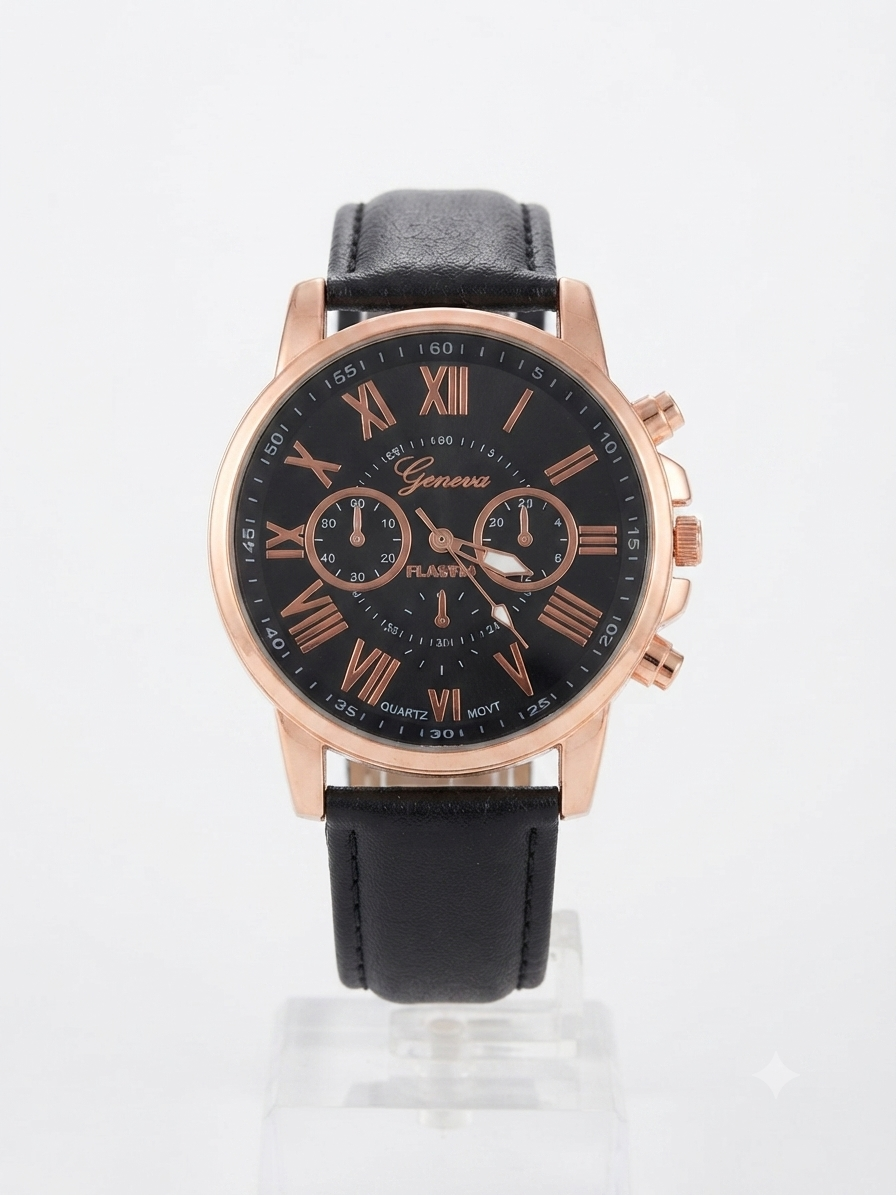 Reloj dama correa negra bisel oro rosa carátula negra