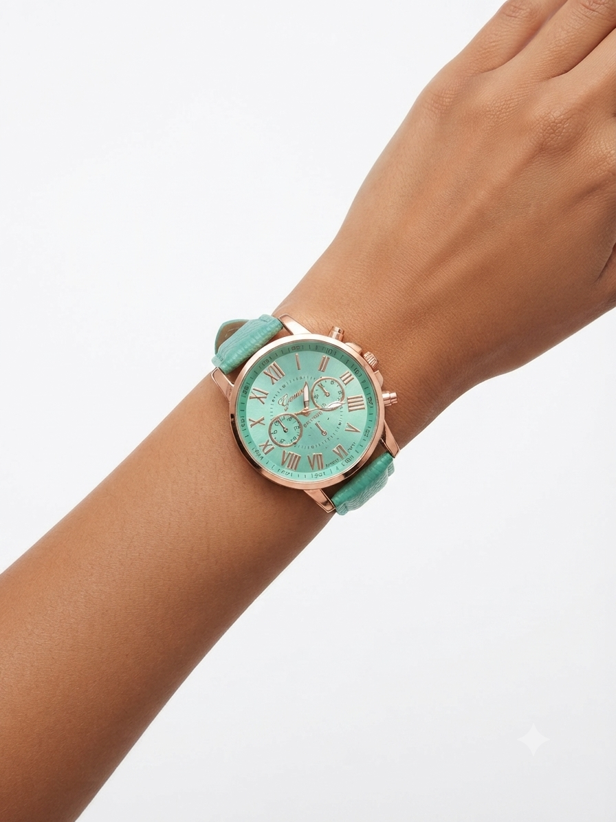 Reloj dama color menta con bisel oro rosa y carátula a juego