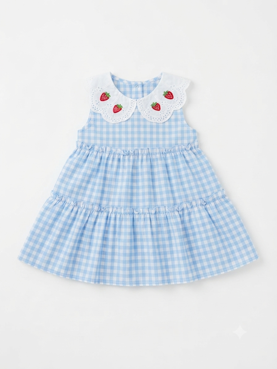 Vestido niña cuadros azul cielo con cuello bordado de fresas