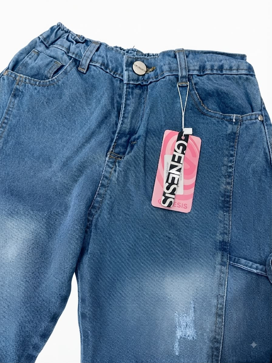 Pantalón Niña  de Mezclilla Estilo Cargo con Cintas y Lavado Vintage
