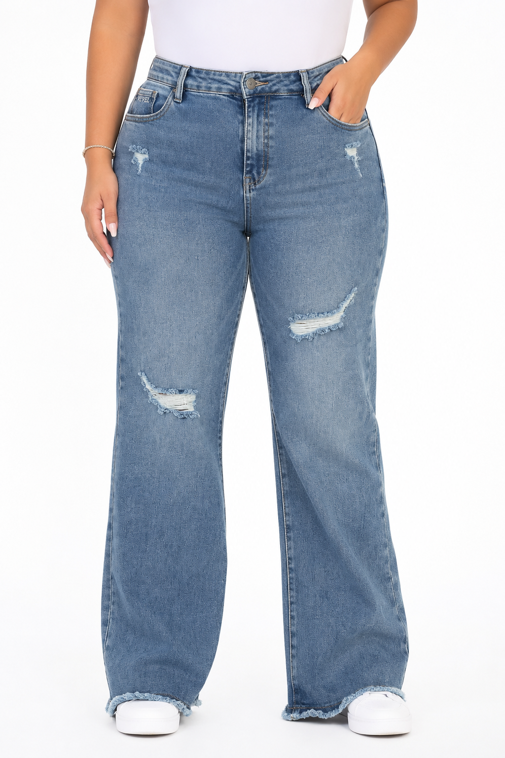 Pantalón dama mezclilla wide leg plus con rasgados