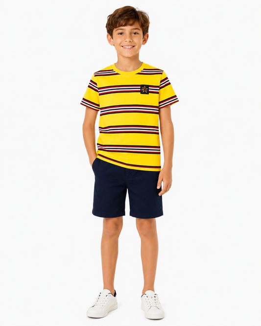 Set niño playera amarilla a rayas y short azul marino
