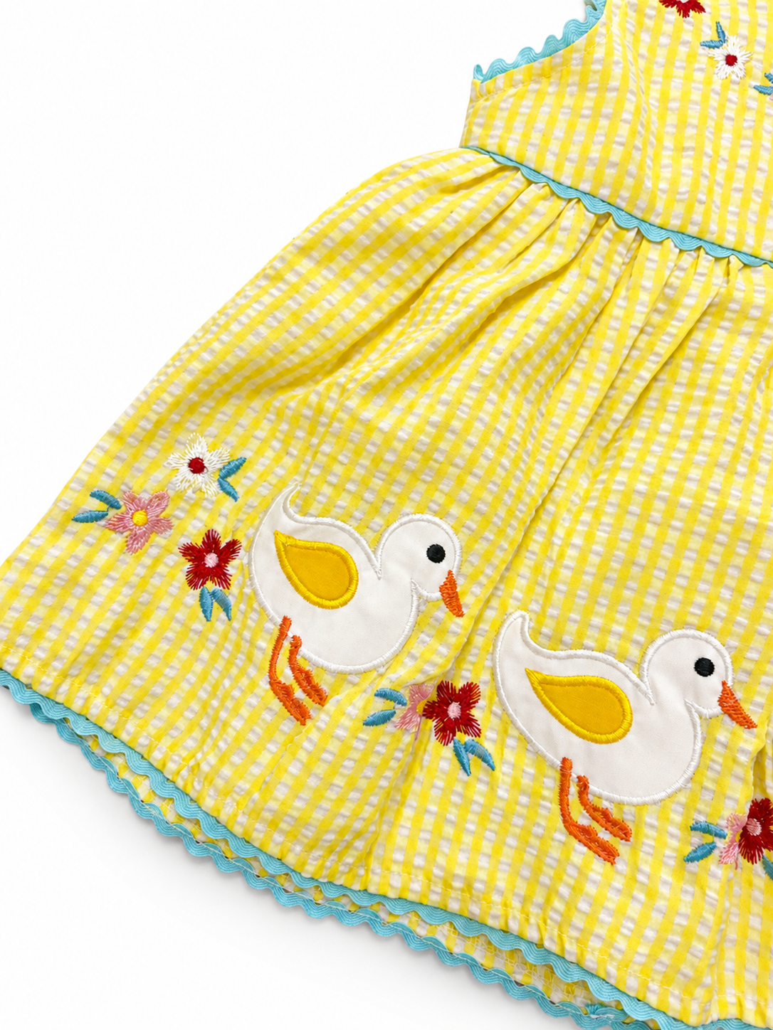 Vestido niña meses amarillo a cuadros con patitos bordados