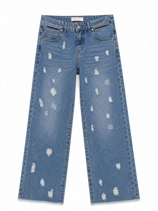 Pantalón niña mezclilla wide leg con detalles desgastados