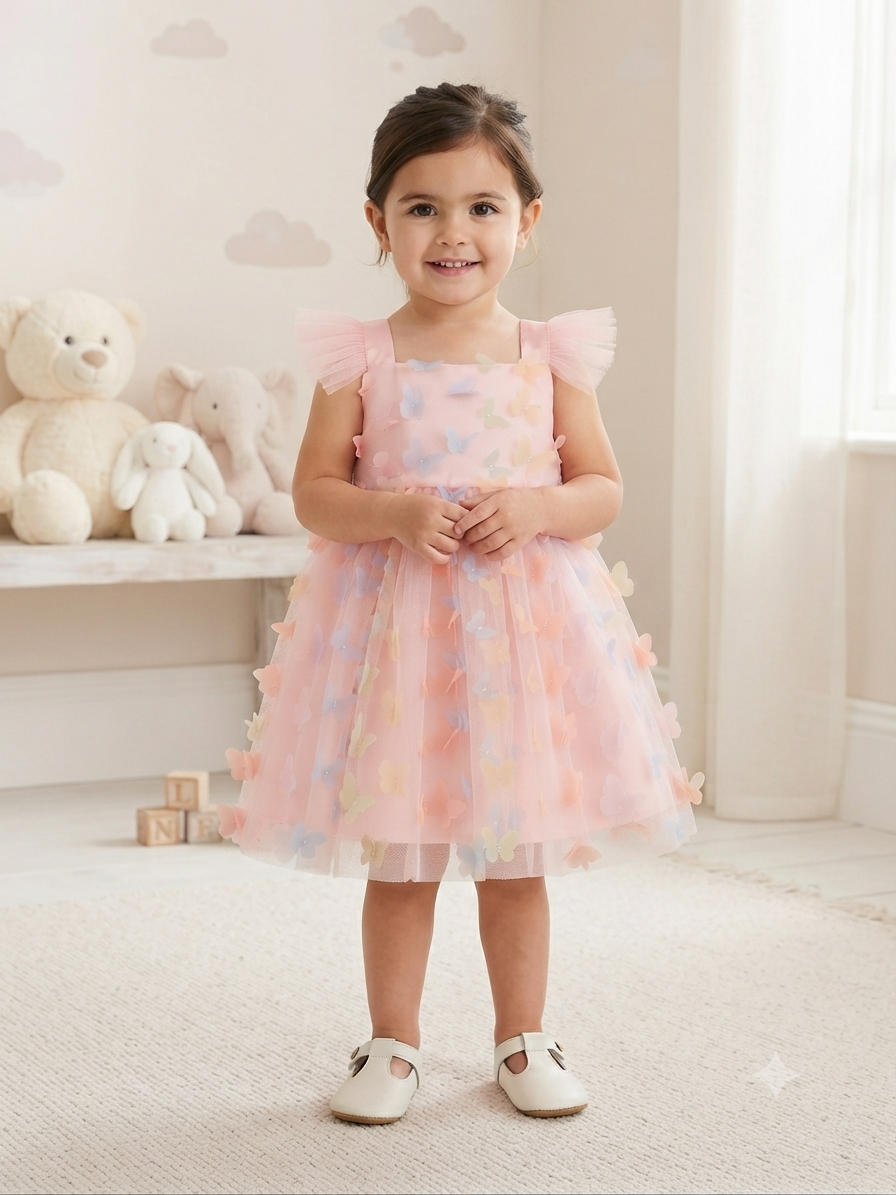 Vestido niña rosa con tul y mariposas 3D multicolor