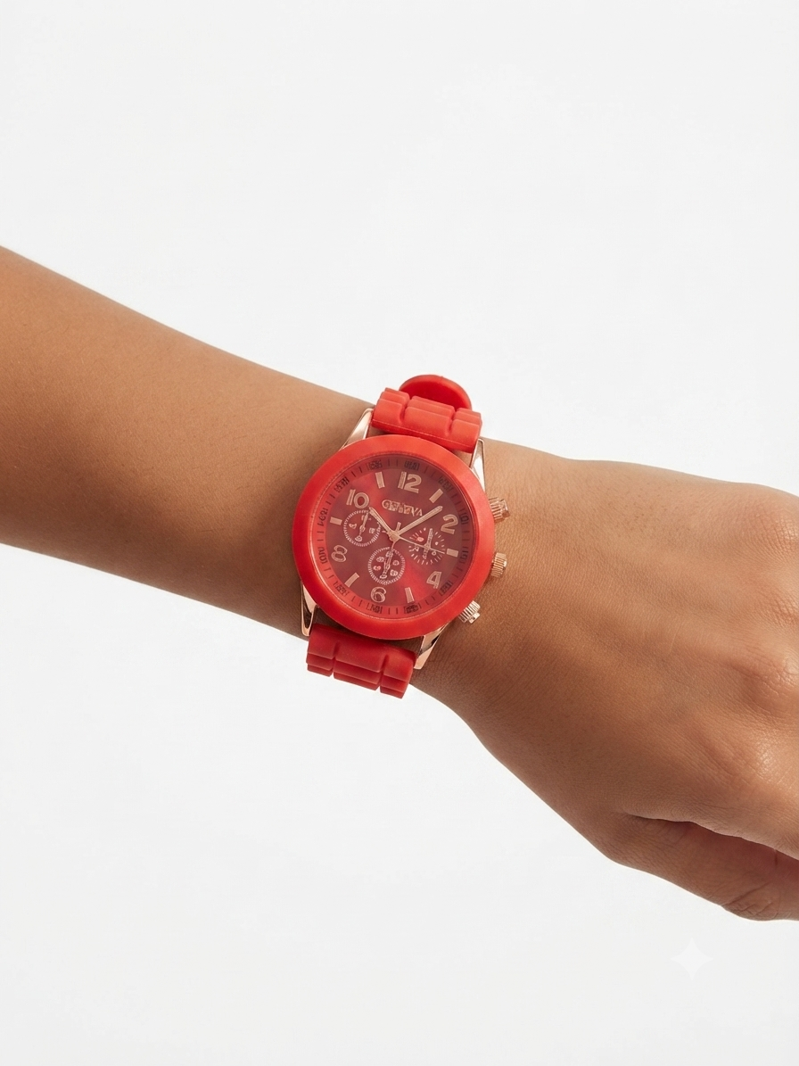 Reloj dama correa roja bisel oro rosa carátula roja