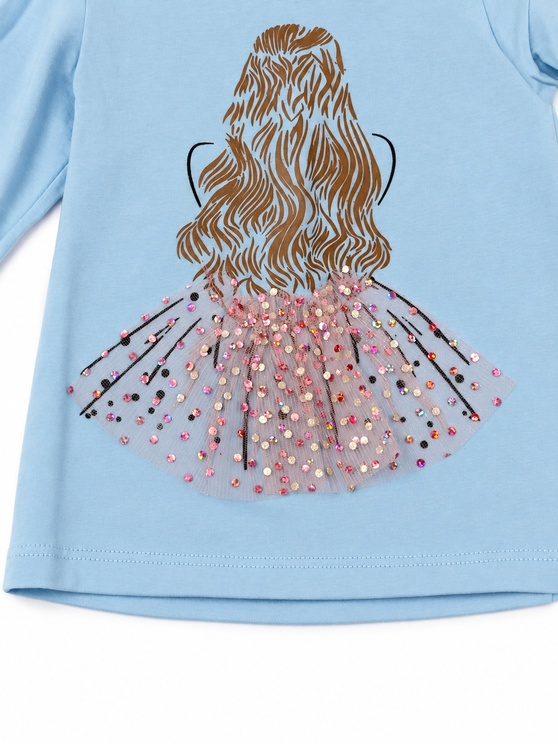Blusa niña azul manga larga con detalle de tul