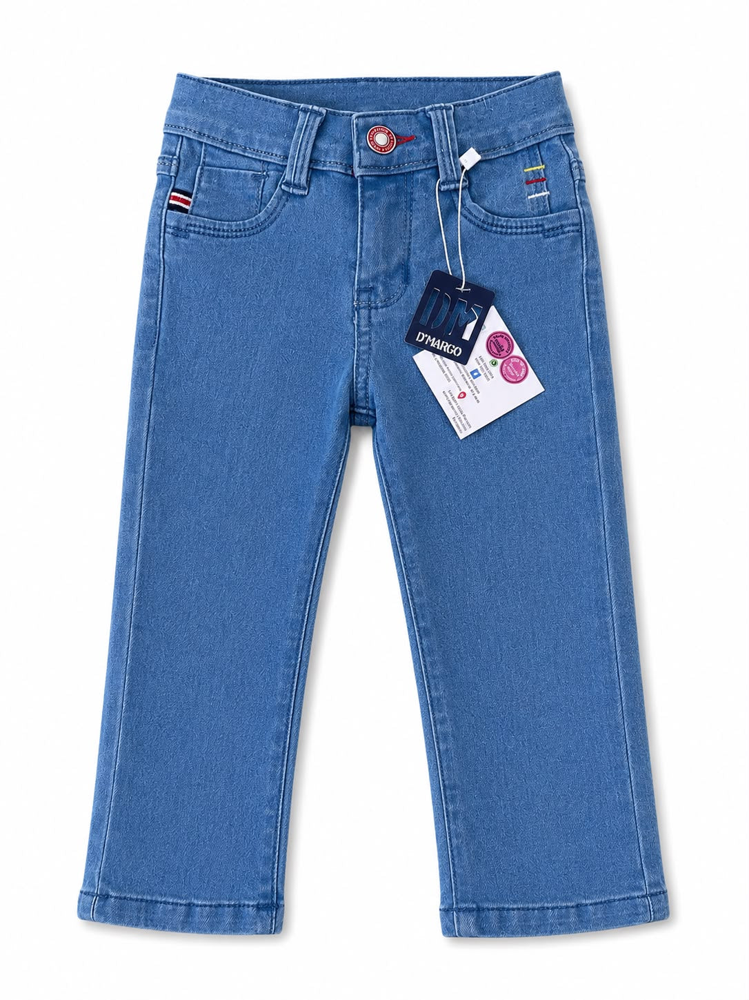 Pantalón niño mezclilla azul claro con detalles de color