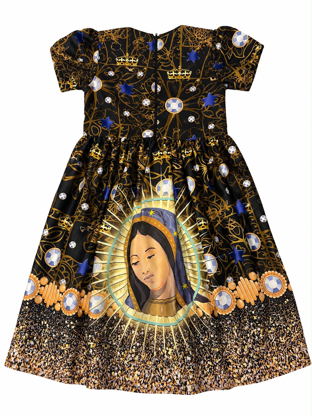 Vestido niña negro con estampado relogioso y moño dorado