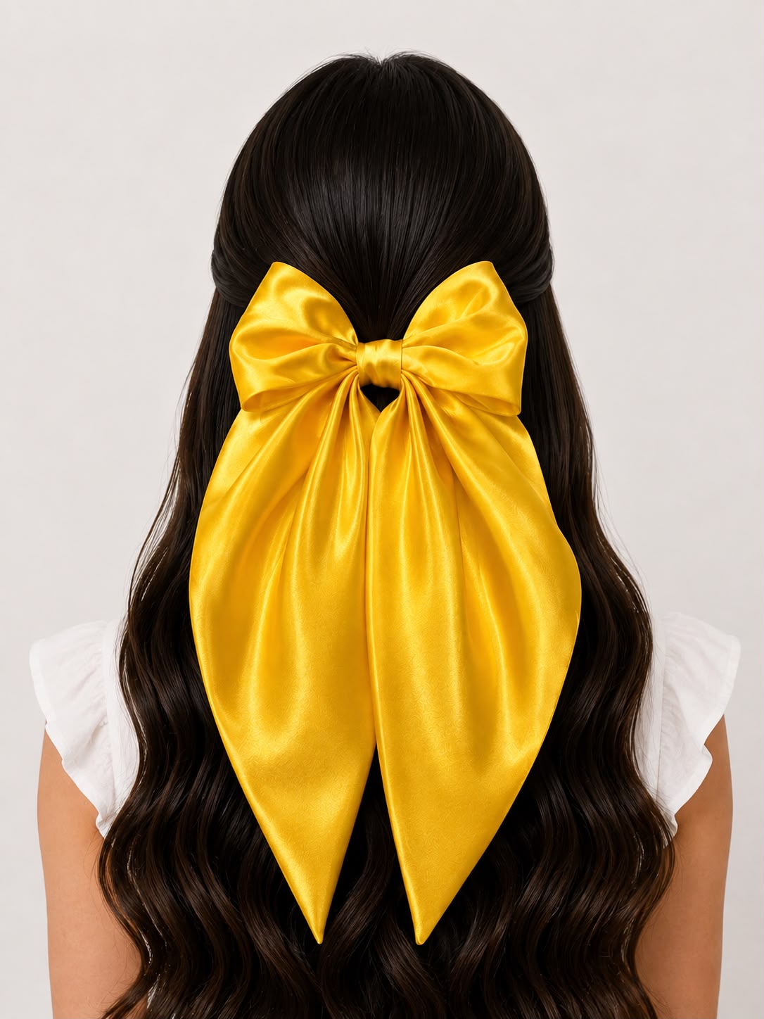 Moño coquette niña amarillo satinado con tiras largas