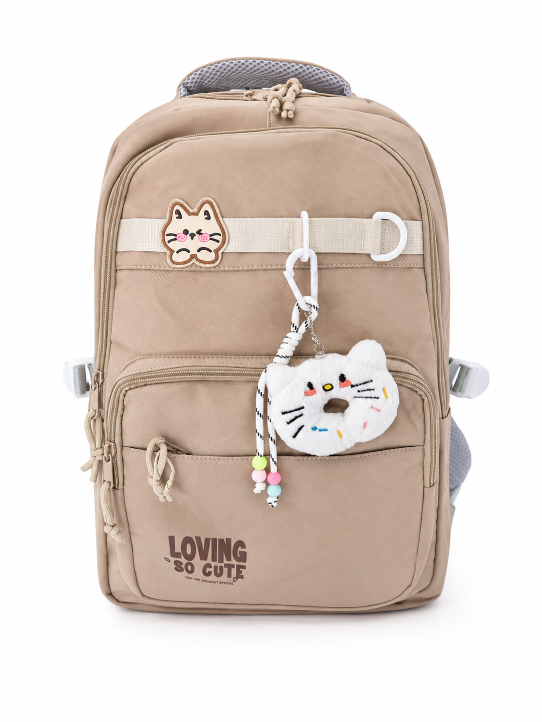 Mochila juvenil color caqui con llavero de gatito