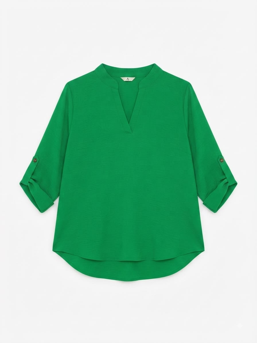 Blusa Dama Verde Esmeralda de Manga Enrollable con Escote en V