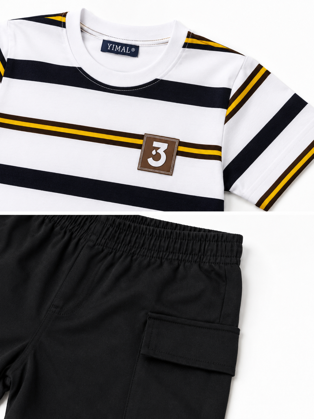 Set niño playera blanca con rayas negras y mostaza con short cargo negro estilo casual moderno
