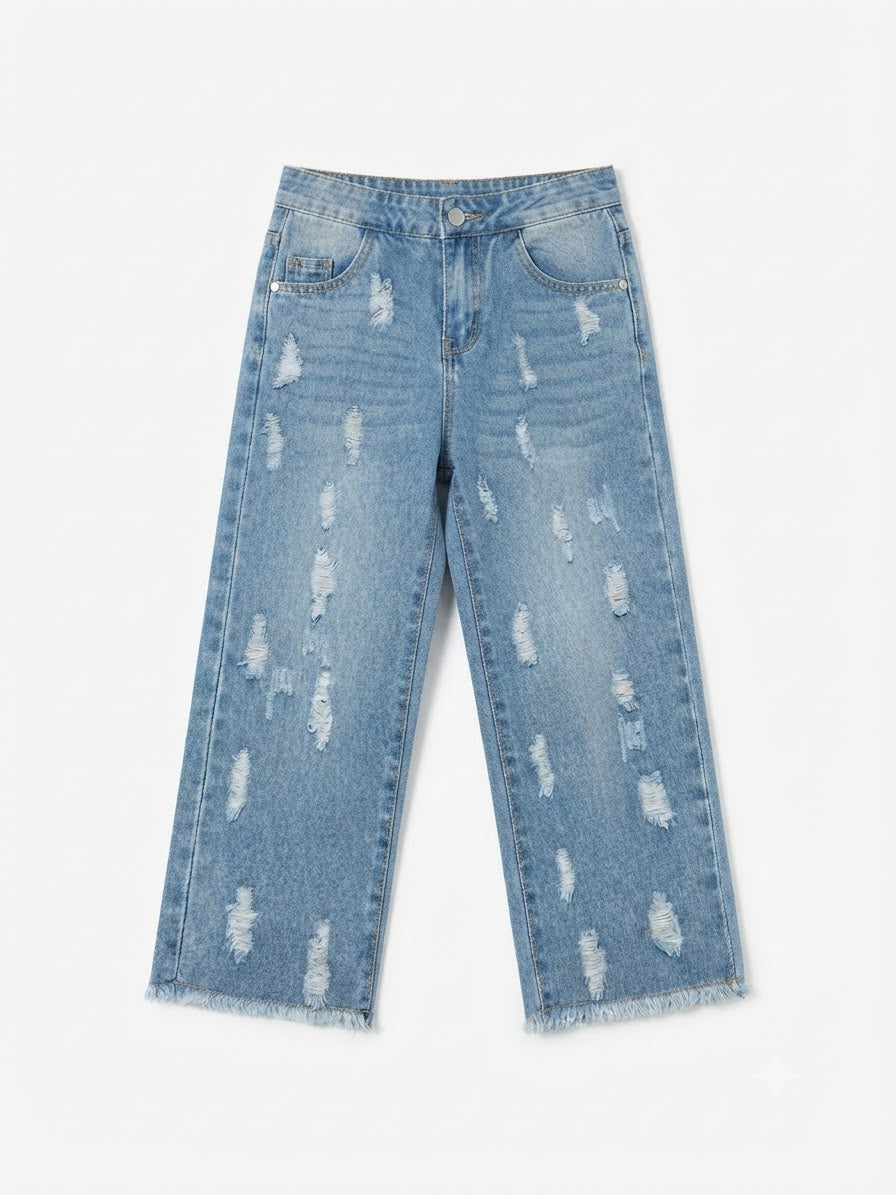 Pantalón niña de mezclilla wide leg con acabado deslavado