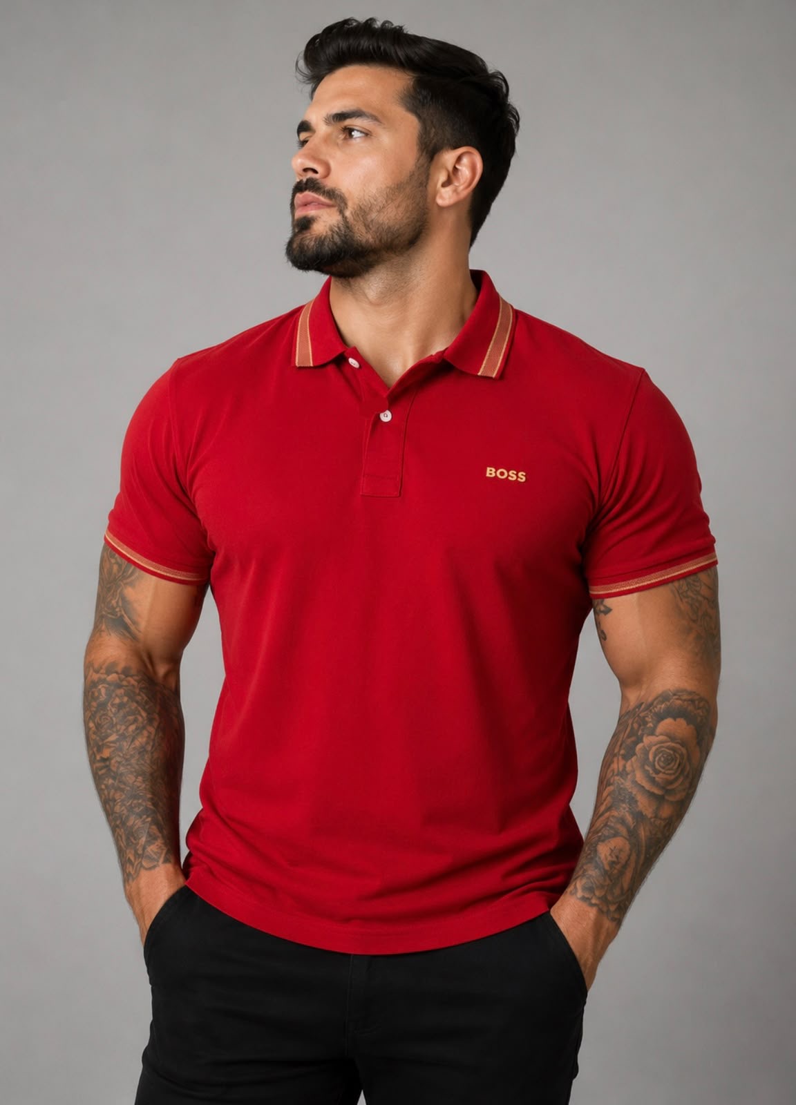 Playera caballero Tipo Polo B@SS Roja con Cuello Rojo y Detalles Beige