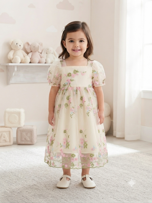 Vestido niña marfil con tul bordado floral y mangas de organza