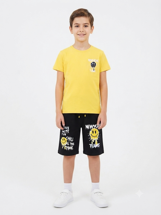 Set niño playera + short estampado smile – Color amarillo con negro